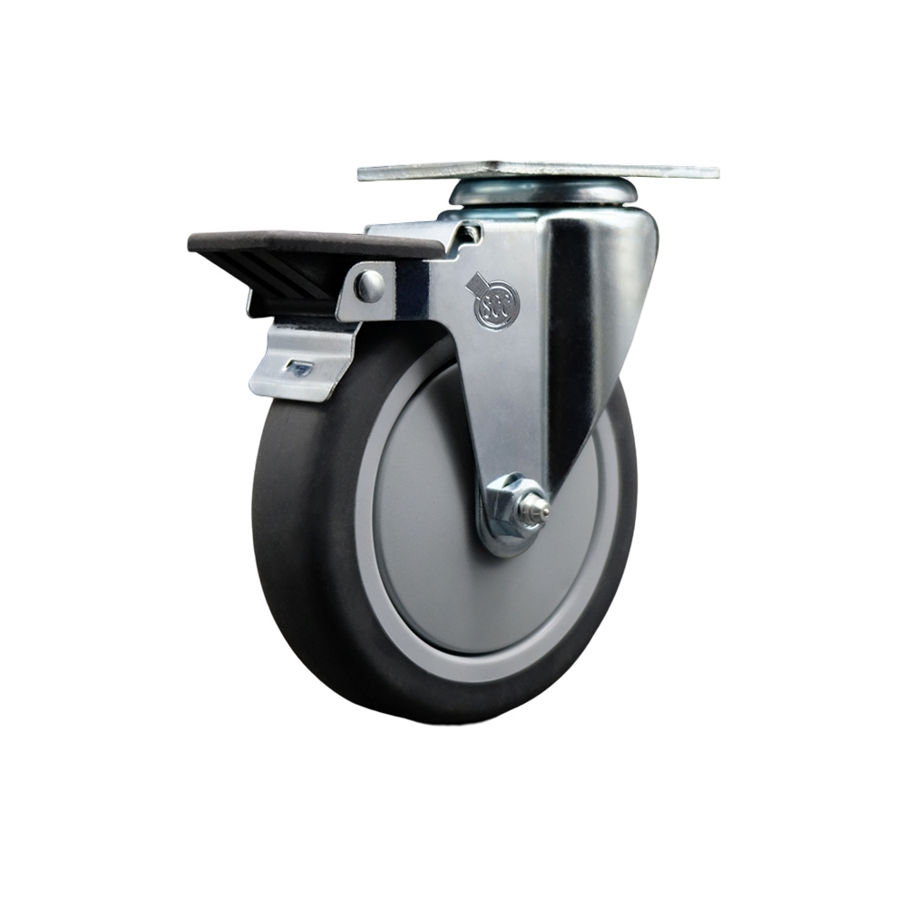 SCC-20S514-TPRB-PLB Thermoplastic Rubber Swivel Top Plate Swivel Caster with 5 in. Gray Wheel & Posi Locking Brake - 300 lbs Capacity per Caster
