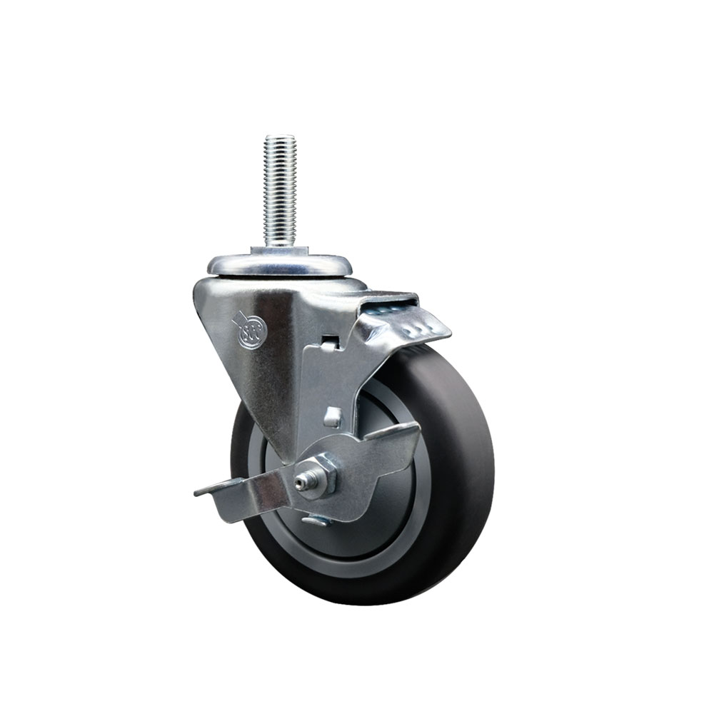 Thermoplastic Rubber Swivel Threaded Stem Caster - 4 x 1.25 in. Gray Wheel & 0.75 in. Stem & Top Locking Brake - 250 lbs Capacity per Caster