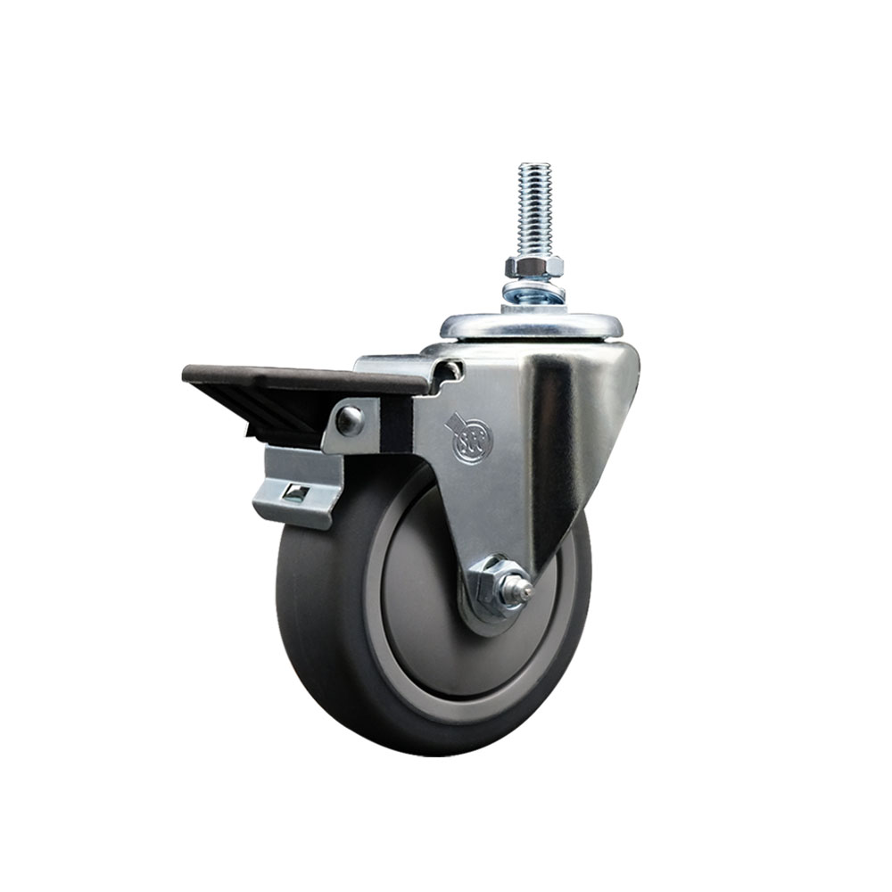 Thermoplastic Rubber Swivel Threaded Stem Caster - 4 x 1.25 in. Gray Wheel & 12 mm Stem & Posi Locking Brake - 250 lbs Capacity per Caster