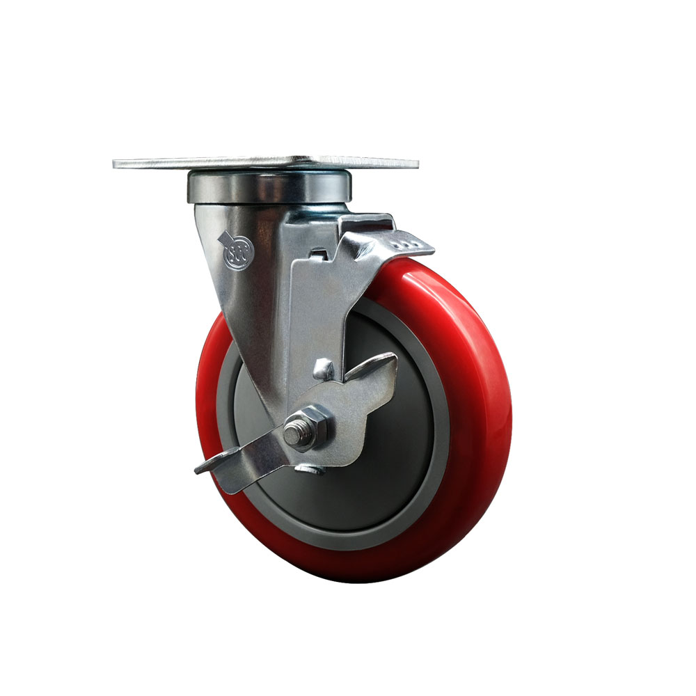 600CASTERPC4 Regency 5 in. Swivel Caster with Brake - Fits Regency Models 351BASE24 351BASE36 - Light Duty Replacement - Red Polyurethane Wheel