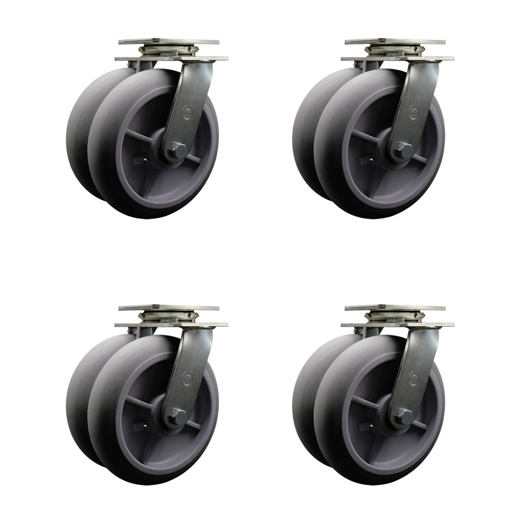 Heavy Duty Swivel Caster with Dual 8 in. Thermoplastic Rubber Donut Tread Wheels & Ball Bearings - 4800 lbs Total Capacity - Set of 4