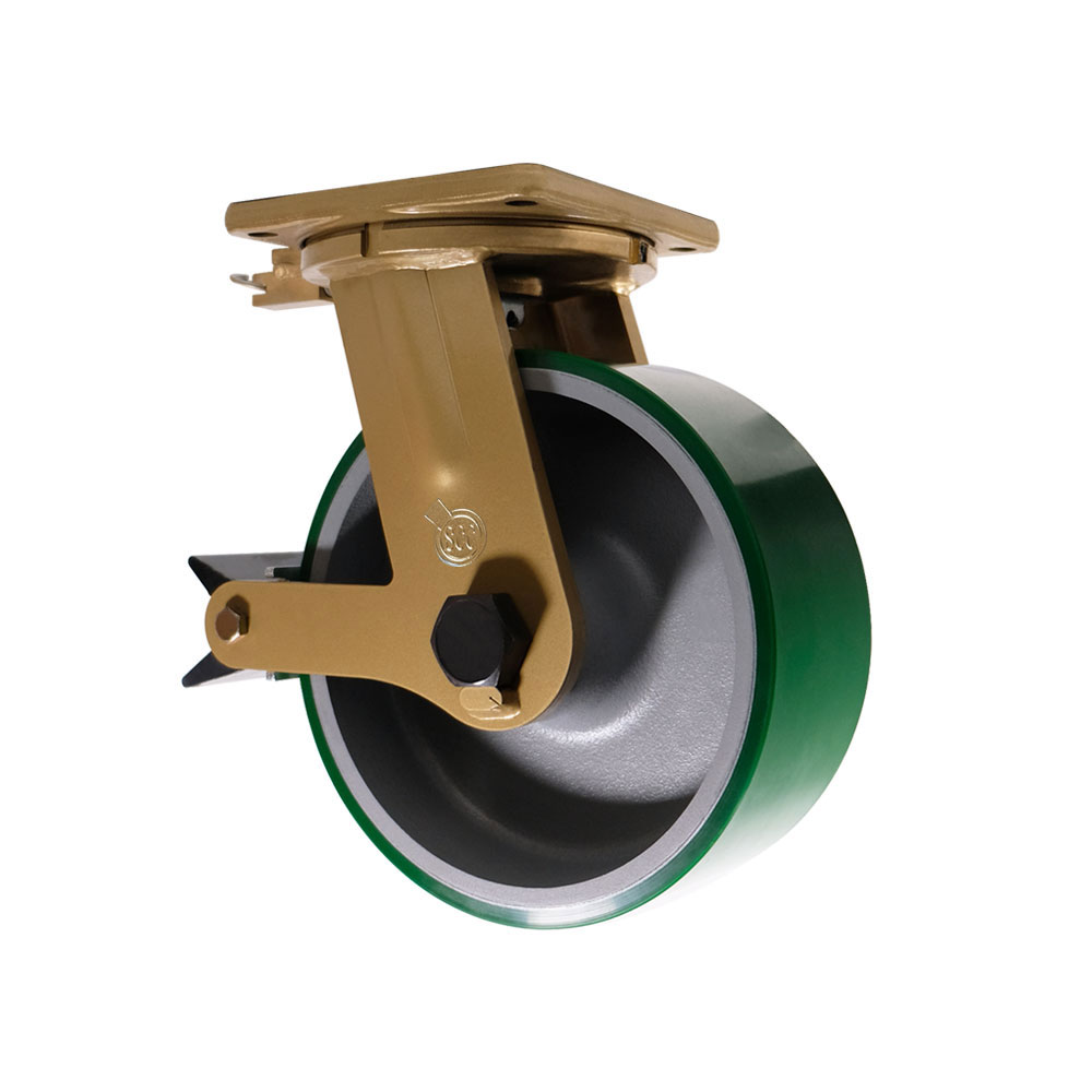 12 in. Swivel Poly Caster - Green Poly on Cast Iron Wheel with Tapered Bearings - Posi Lock Brake & Welded on Swivel Lock - Super Heavy Duty Caster