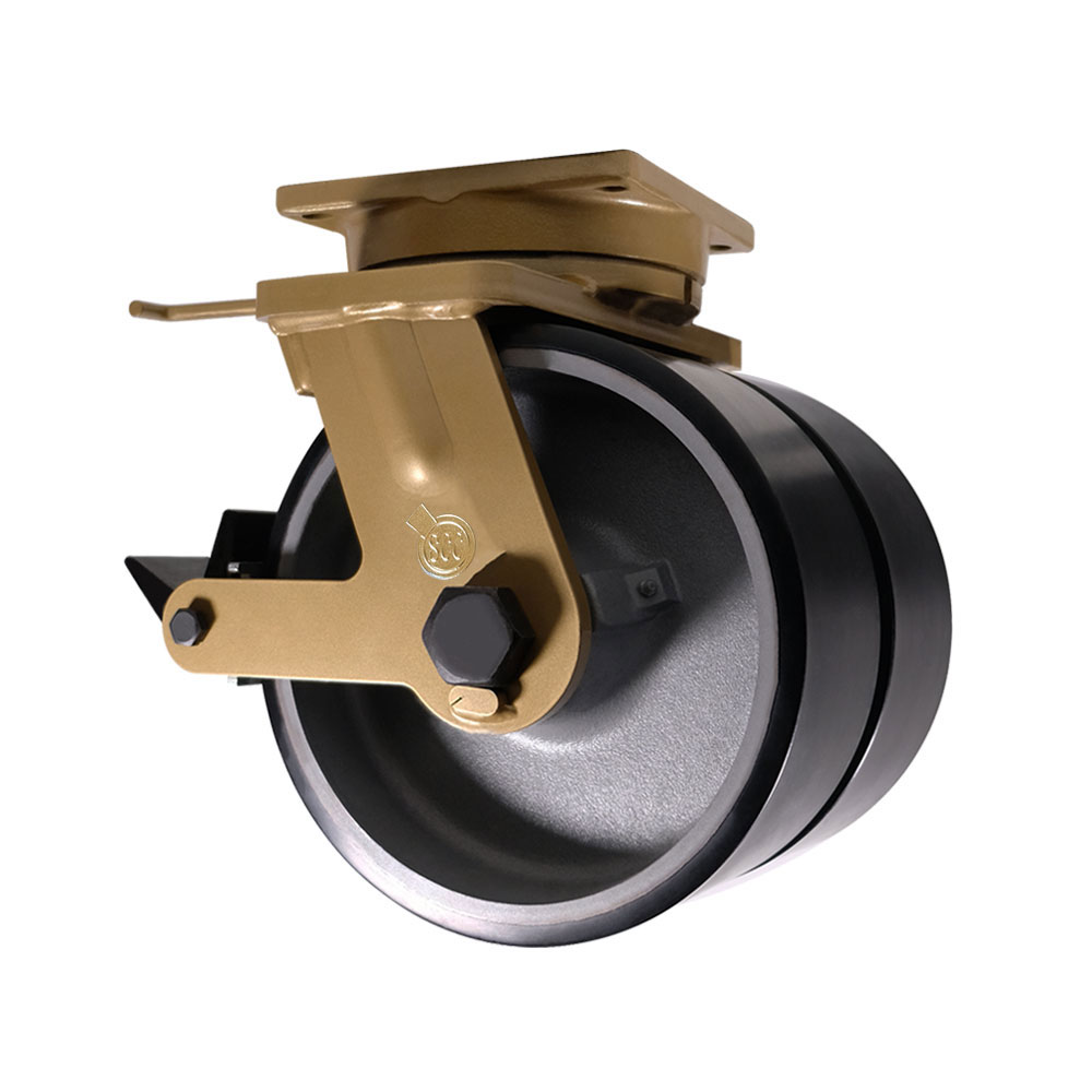 12 in. Dual Wheel Swivel Poly Caster - Black Poly Wheels with Tapered Bearings - Posi Lock Brake & Welded on Swivel Lock - Super Heavy Duty Caster
