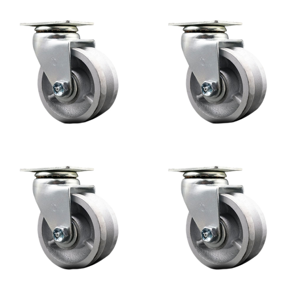SCC-20S420-VGB-4 Swivel Top Plate Caster Set, Silver 4 x 2 in. V-Groove Semi Steel Cast Iron Wheel Ball Bearing - 1800 lbs Total Capacity