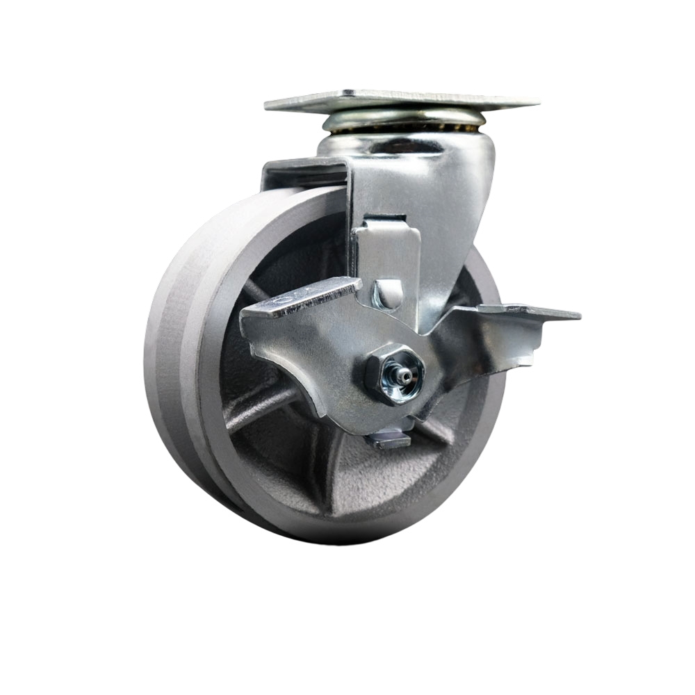 SCC-20S520-VGB-TLB Swivel Top Plate Caster Silver 5 x 2 in. V-Groove Semi Steel Cast Iron Wheel Ball Bearing - 450 lbs Capacity