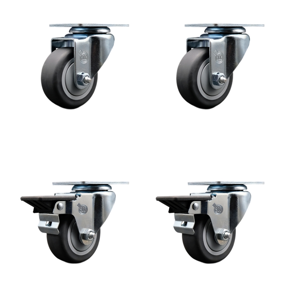 SCC-20S314-TPRB-2-PLB-2 Thermoplastic Rubber Swivel Top Plate Caster with 3 in. Gray Wheels - 840 lbs Total Capacity - Set of 4