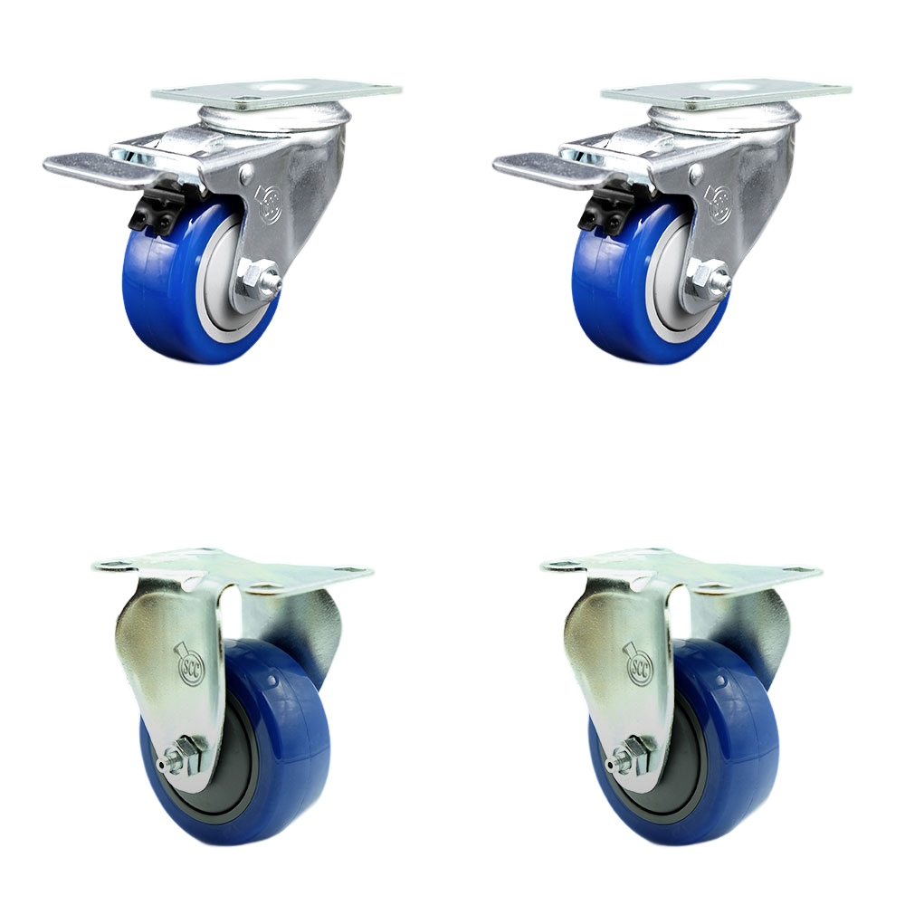 Stainless Steel Polyurethane Top Plate Caster with 3.5 x 1.25 in. Blue Wheels, 2 Swivel Casters with Total Locking Brake & 2 Rigid - Set of 4