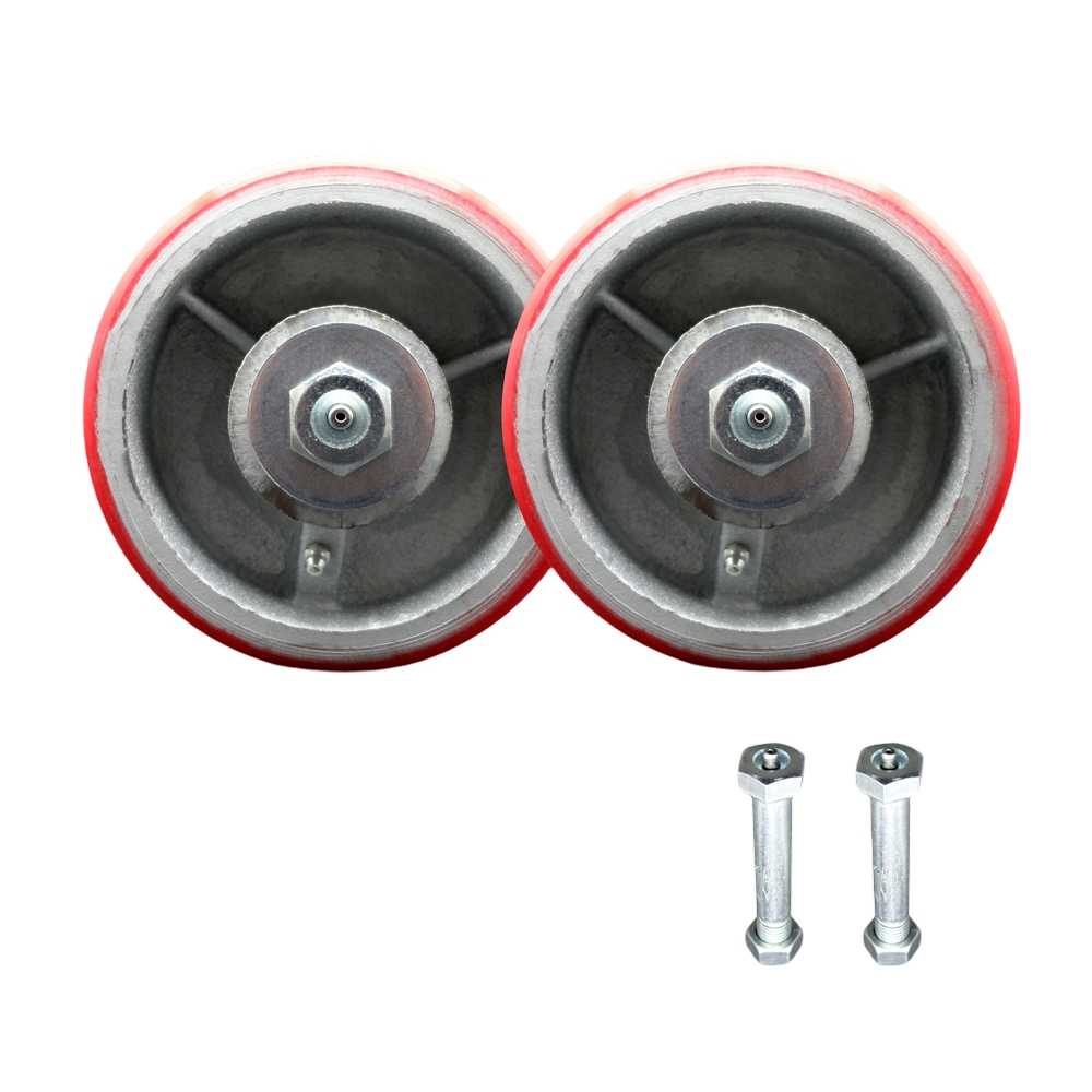 Go Minis Moving & Portable Storage Container Replacement Wheel Set - 6 in. Red Polyurethane on Cast Iron Wheel with Zerk Axle Nuts - Set of 2