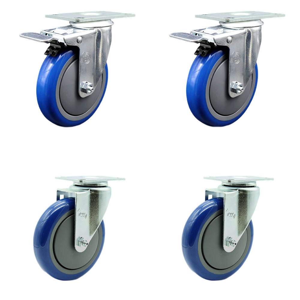 SCC-SSTTL20S514-PPUB-BLUE-2-S-2 Stainless Steel Polyurethane Swivel Top Plate Caster with 5 x 1.25 in. Blue Wheels - Set of 4