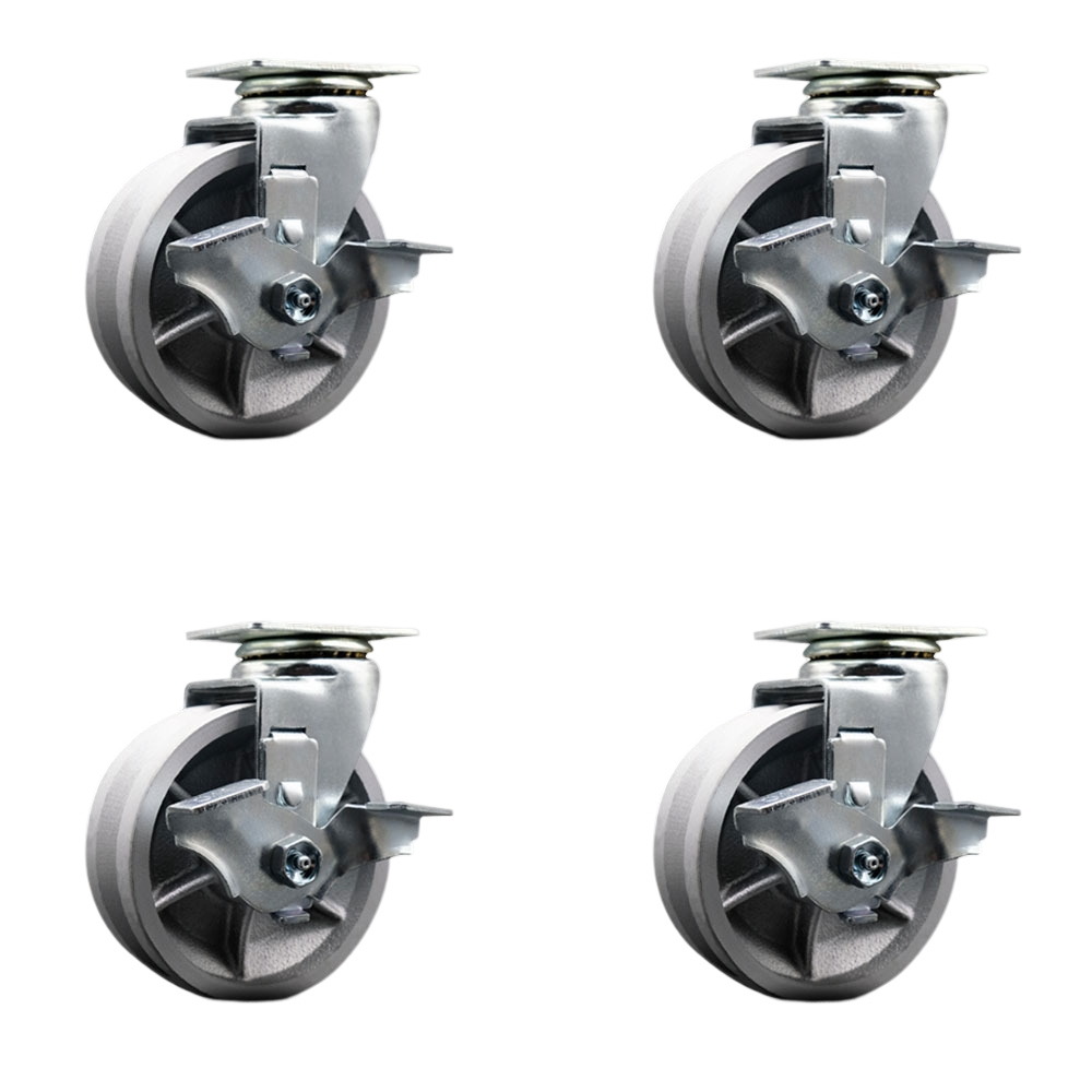 SCC-20S520-VGB-TLB-4 Swivel Top Plate Caster Set, Silver 5 x 2 in. V-Groove Semi Steel Cast Iron Wheel Ball Bearing - 1800 lbs Total Capacity