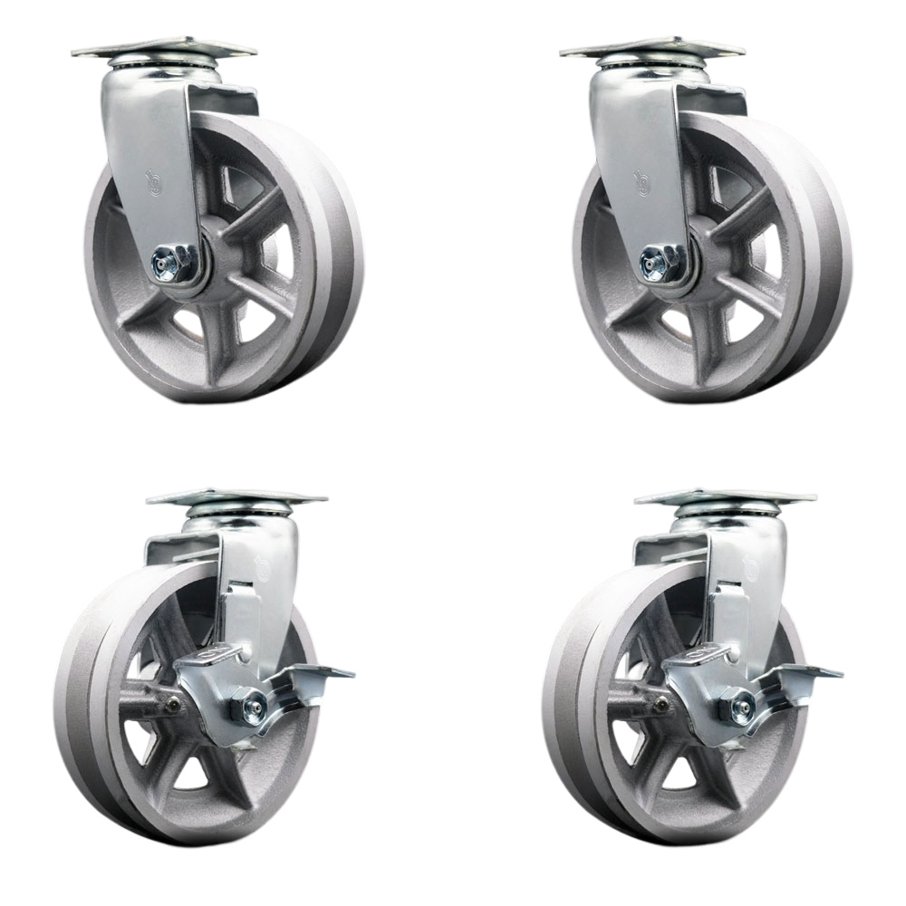SCC-20S620-VGB-2-TLB-2 Swivel Top Plate Caster Set, Silver 6 x 2 in. V-Groove Semi Steel Cast Iron Wheel Ball Bearing - 1800 lbs Total Capacity