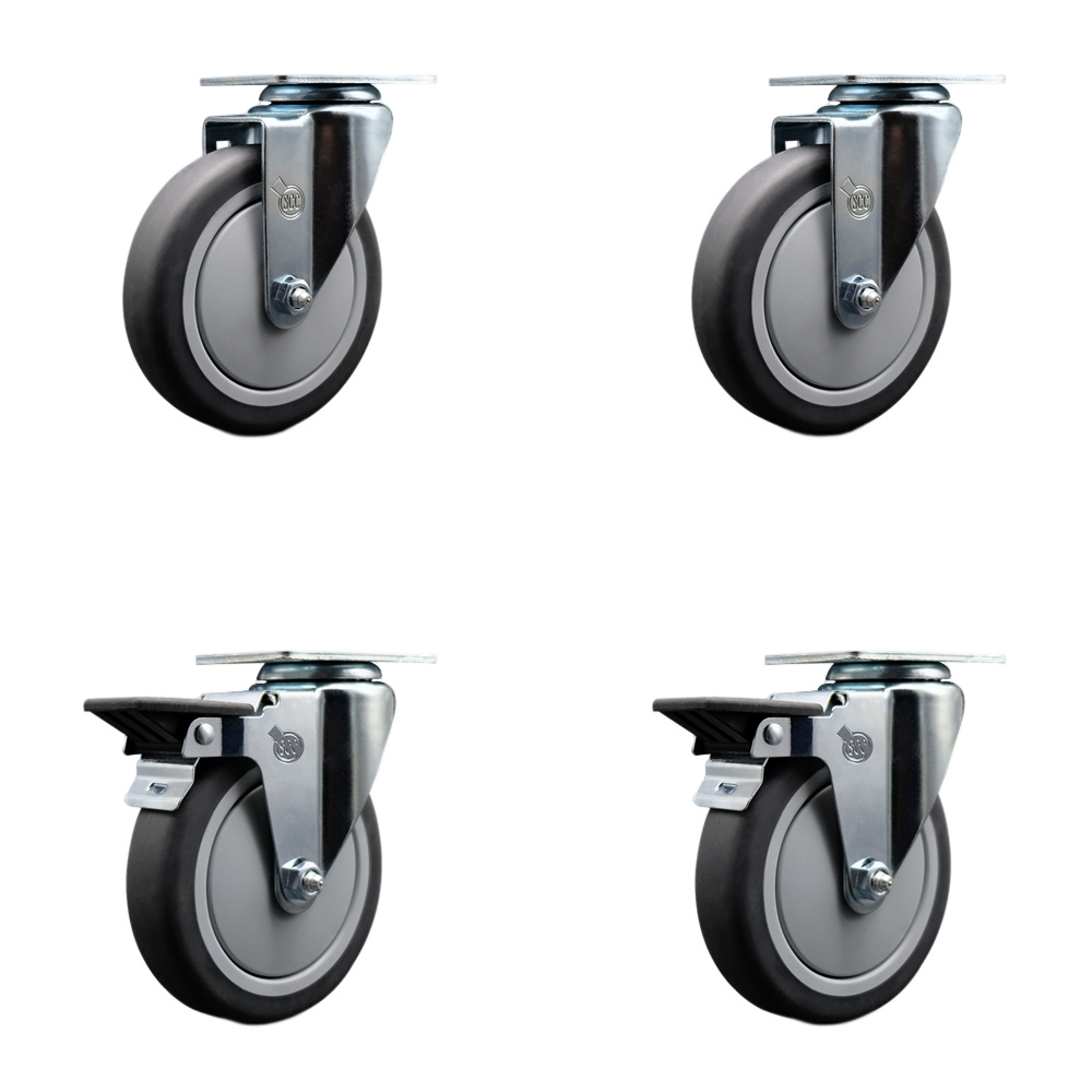 SCC-20S514-TPRB-2-PLB-2 Thermoplastic Rubber Swivel Top Plate Caster with 5 in. Gray Wheels - 1200 lbs Total Capacity - Set of 4