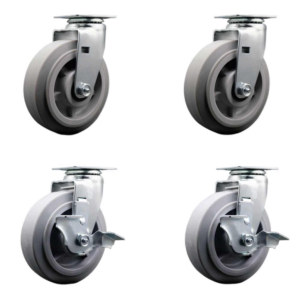 SCC-20S620-TPRRF-2-TLB-2 Swivel Plate Caster Set, Gray 6 x 2 in. Thermoplastic Rubber Flat Tread Wheel Roller Bearing - 1800 lbs Total Capacity