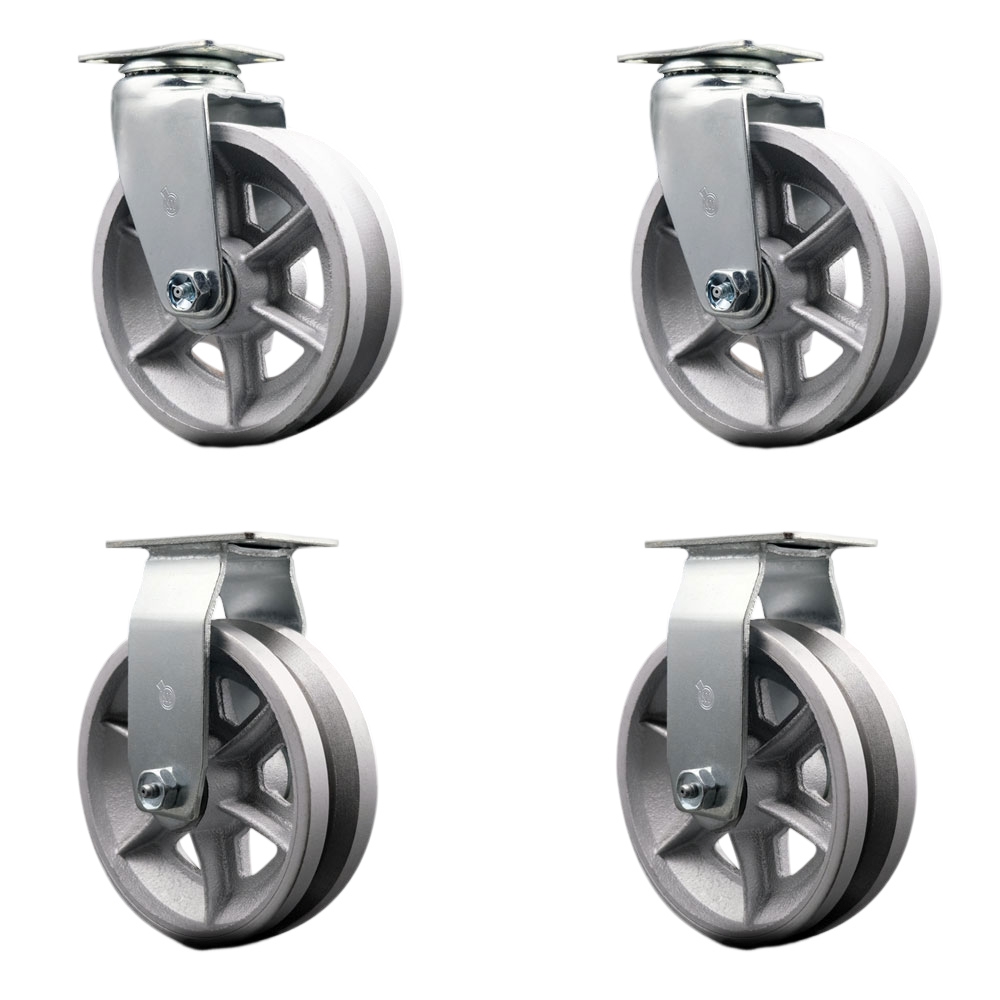 SCC-20S620-VGB-2-R-2 Swivel & Rigid Plate Caster Set, Silver 6 x 2 in. V-Groove Semi Steel Cast Iron Wheel Ball Bearing - 1800 lbs Total Capacity