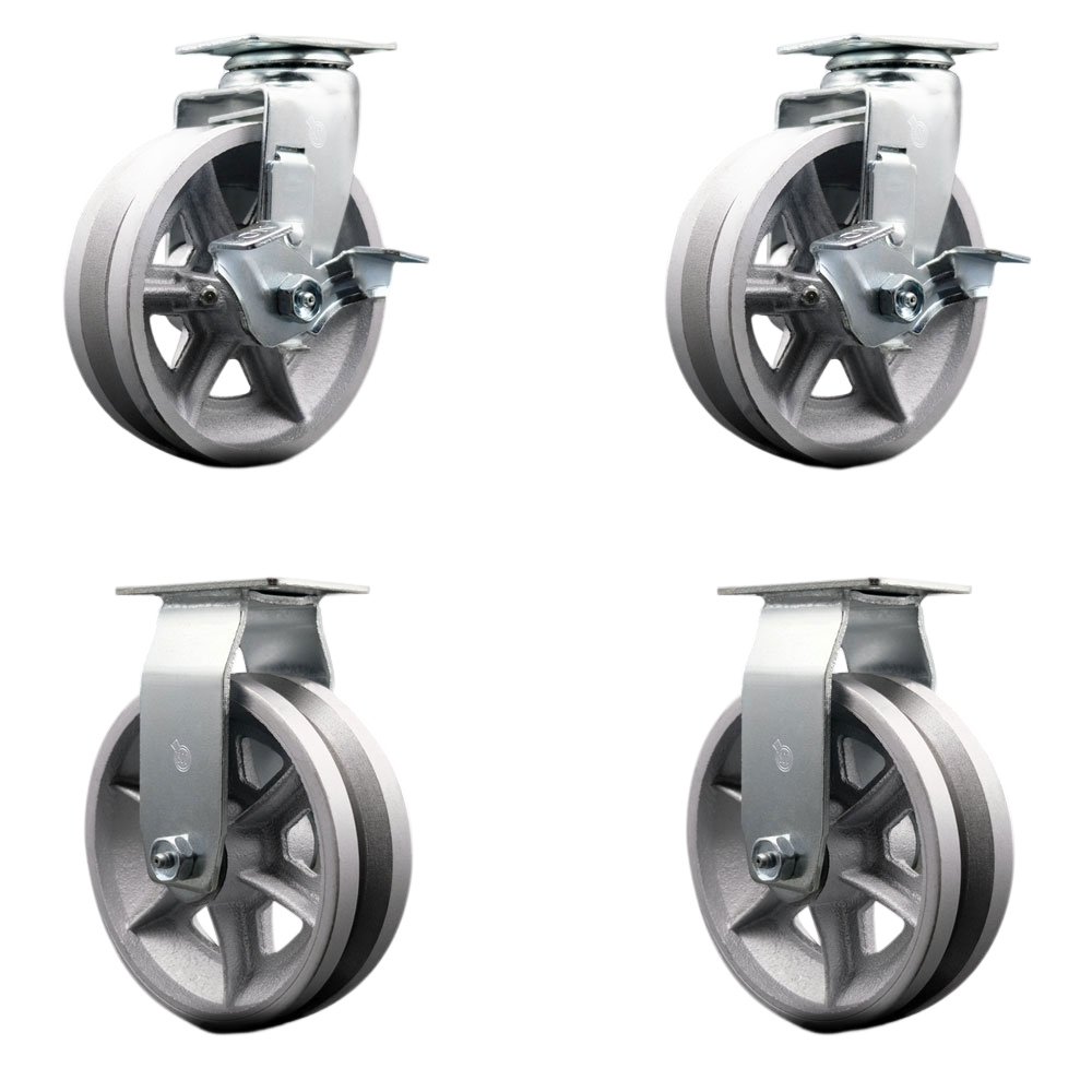 SCC-20S620-VGB-TLB-2-R-2 Swivel & Rigid Plate Caster Set, Silver 6 x 2 in. V-Groove Cast Iron Wheel Ball Bearing - 1800 lbs Total Capacity