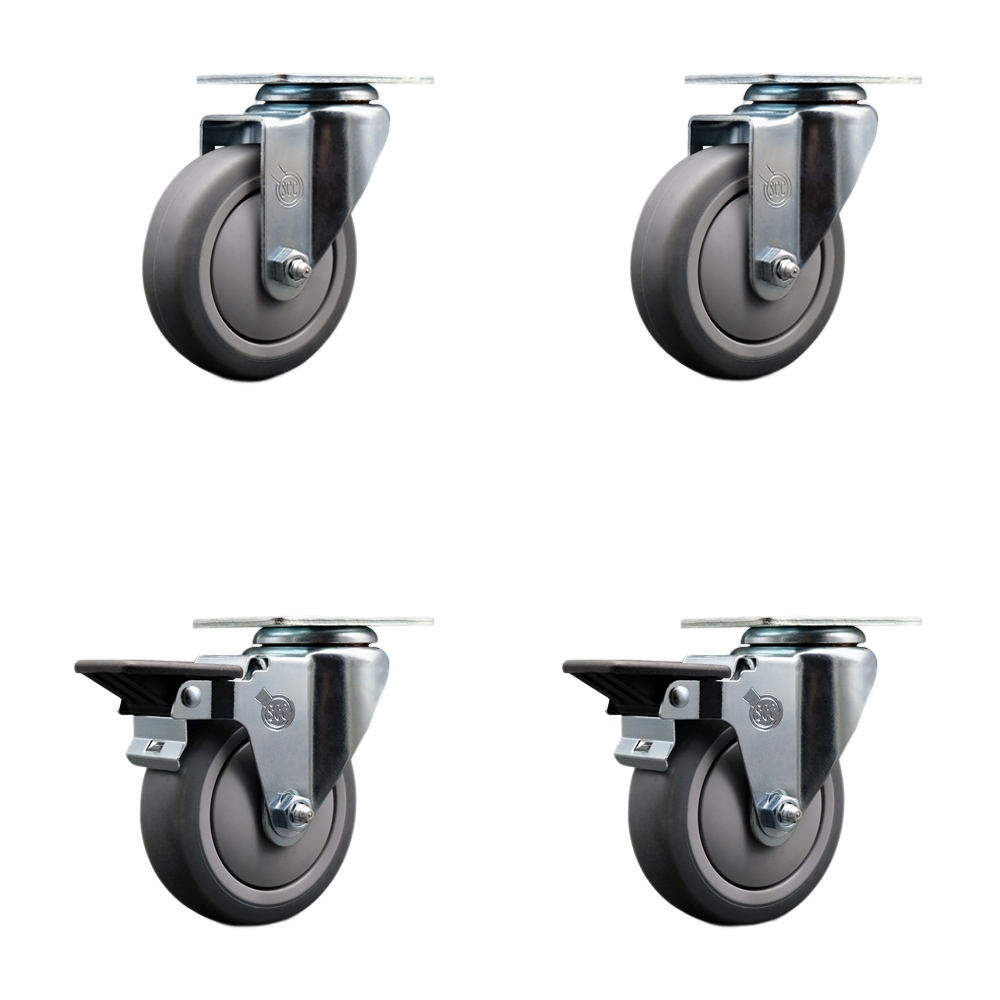 SCC-20S414-TPRB-2-PLB-2 Thermoplastic Rubber Swivel Top Plate Caster with 4 in. Gray Wheels - 1000 lbs Total Capacity - Set of 4