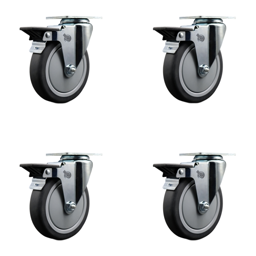SCC-20S514-TPRB-PLB-4 Thermoplastic Rubber Swivel Top Plate Caster with 5 in. Gray Wheels - 1200 lbs Total Capacity - Set of 4
