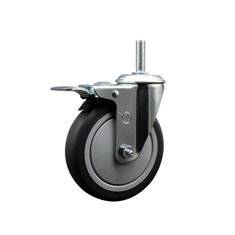 Thermoplastic Rubber Swivel Threaded Stem Caster - 5 x 1.25 in. Gray Wheel & 0.75 in. Stem & Total Locking Brake - 300 lbs Capacity per Caster