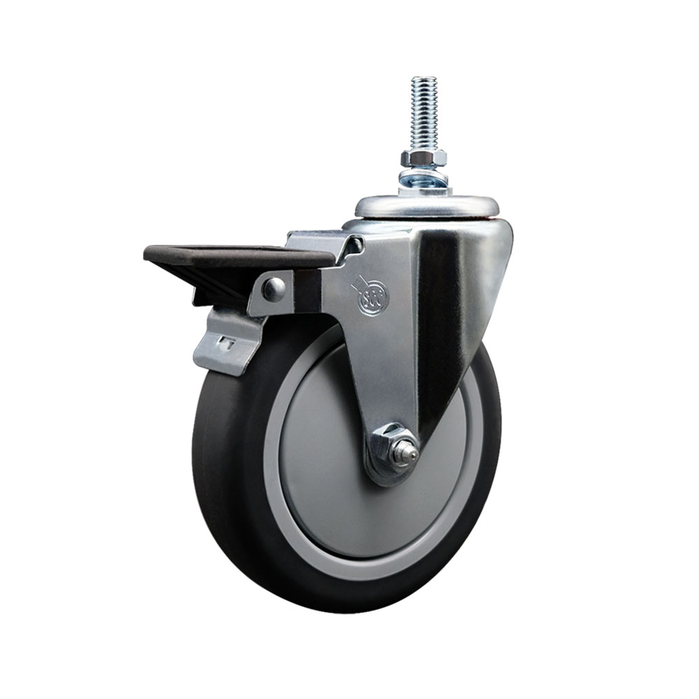 Thermoplastic Rubber Swivel Threaded Stem Caster - 6 x 1.25 in. Gray Wheel & 0.37 in. Stem & Posi Locking Brake - 300 lbs Capacity per Caster