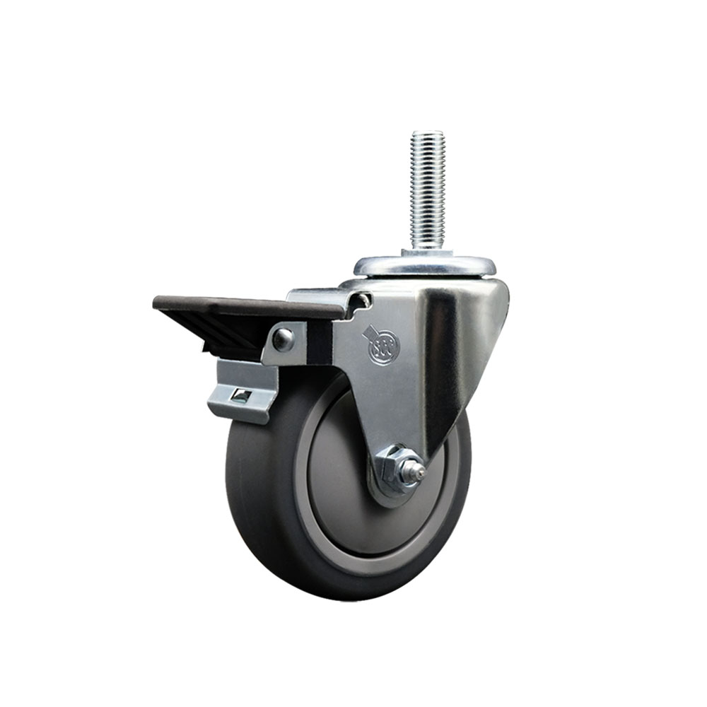 Thermoplastic Rubber Swivel Threaded Stem Caster - 4 x 1.25 in. Gray Wheel & 0.62 in. Stem & Posi Locking Brake - 250 lbs Capacity per Caster