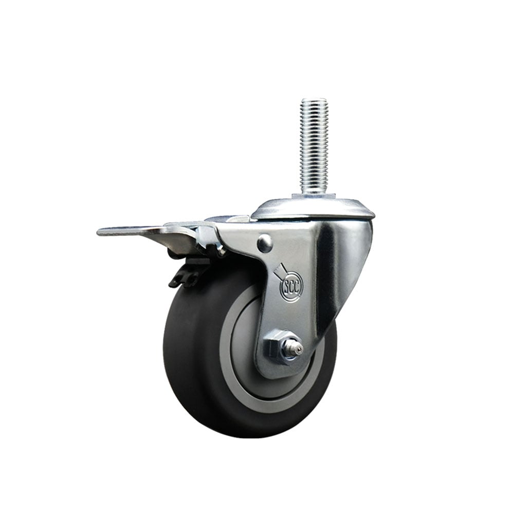 Thermoplastic Rubber Swivel Threaded Stem Caster - 4 x 1.25 in. Gray Wheel & 0.62 in. Stem & Total Locking Brake - 250 lbs Capacity per Caster