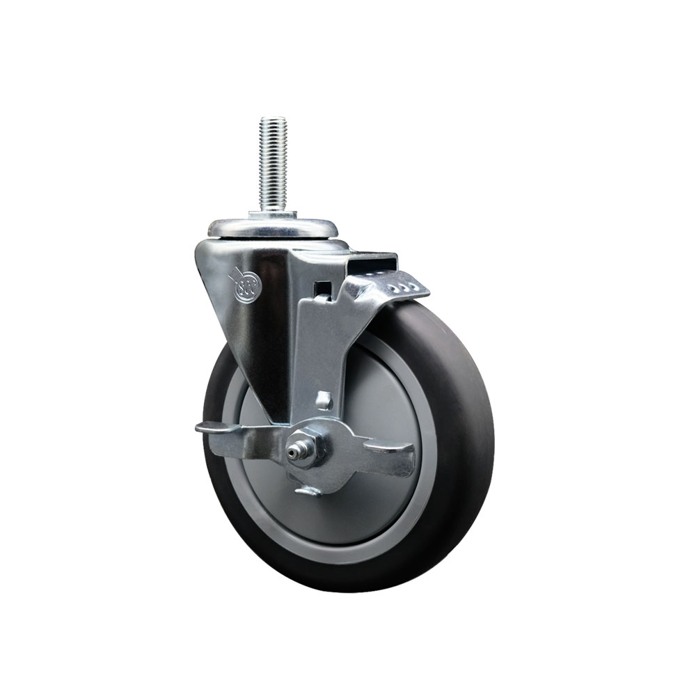 Thermoplastic Rubber Swivel Threaded Stem Caster - 5 x 1.25 in. Gray Wheel & 0.62 in. Stem & Top Locking Brake - 300 lbs Capacity per Caster