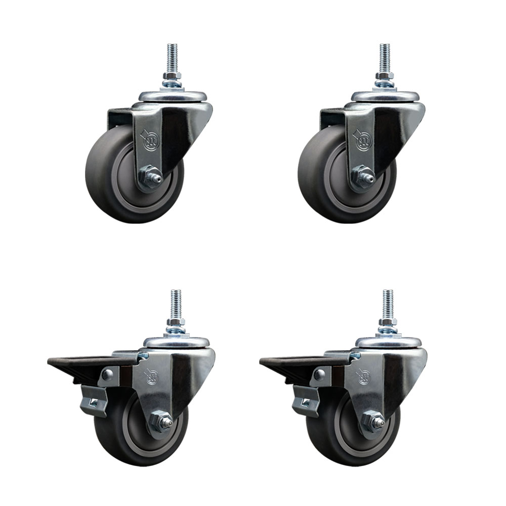 Thermoplastic Rubber Swivel Threaded Stem Caster - 3 x 1.25 in. Gray Wheels & 12 mm Stems - 840 lbs Total Capacity - Set of 4
