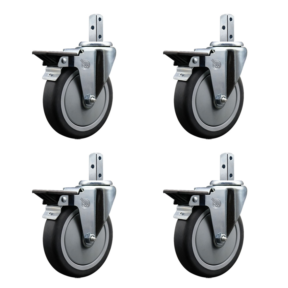 Swivel Square Stem Caster with 5 x 1.25 in. Gray Thermoplastic Rubber Wheel - 0.87 x 2 in. Square Stem with 0.26 in. Dia. Mounting Holes - Set of 4