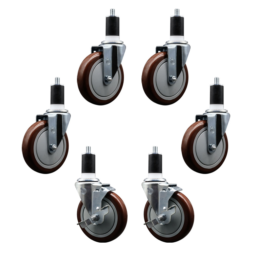 REG-EX20S514-PPUB-MRN-4-TLB-2-112 600CASTER6 Regency 5 in. Expanding Stem Caster Set - Light Duty Replacement - Maroon Polyurethane Wheel