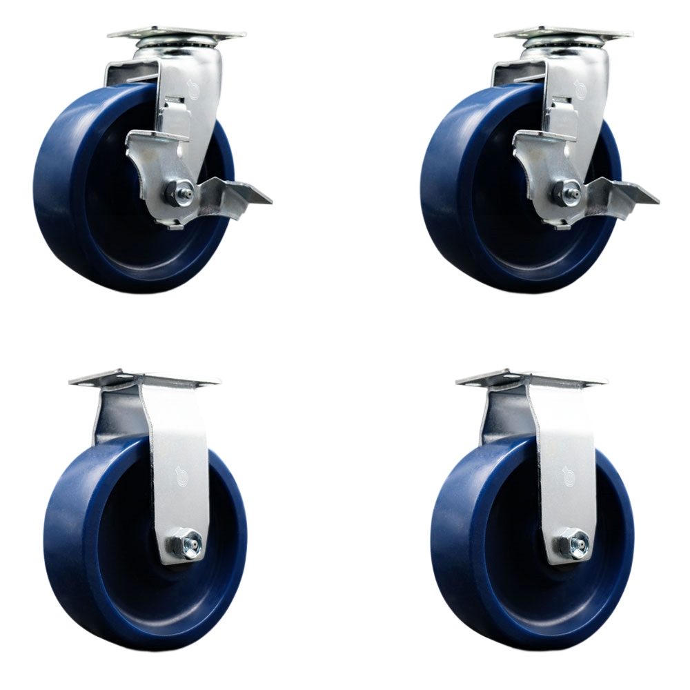 Tool Box Caster Wheel Set - 6 in. Non-Marking, Maintenance Free Solid Polyurethane Wheels - Industrial Grade - 2 Swivel with Top Lock Brakes