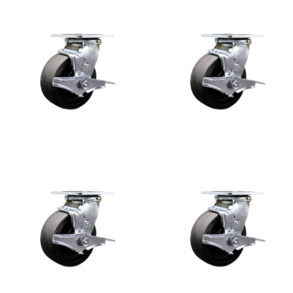 Tool Box Caster Wheel Set - 5 in. Flat Free, Easy Rolling Glass Filled Nylon Wheels - Industrial Grade - 4 Swivel Casters with Top Lock Brakes