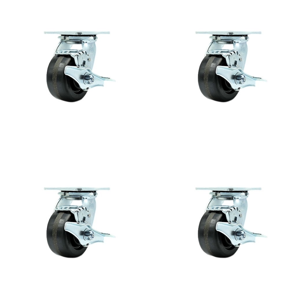 Tool Box Caster Wheel Set - 4 in. Flat Free, Zero Maintenance Phenolic Wheels - Industrial Grade - 4 Swivel Casters with Top Lock Brakes