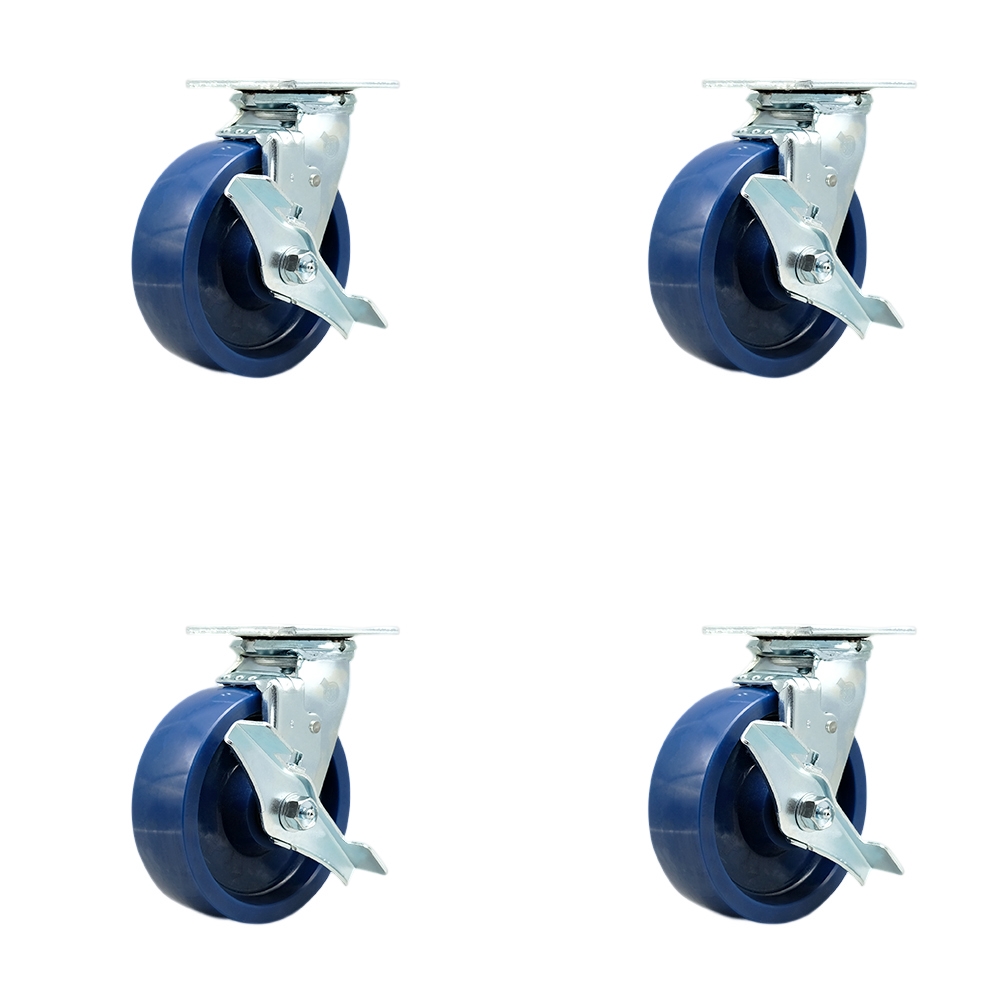 Tool Box Caster Wheel Set - 6 in. Non-Marking, Easy Rolling Solid Polyurethane Wheels - Industrial Grade - 4 Swivel Casters with Top Lock Brakes