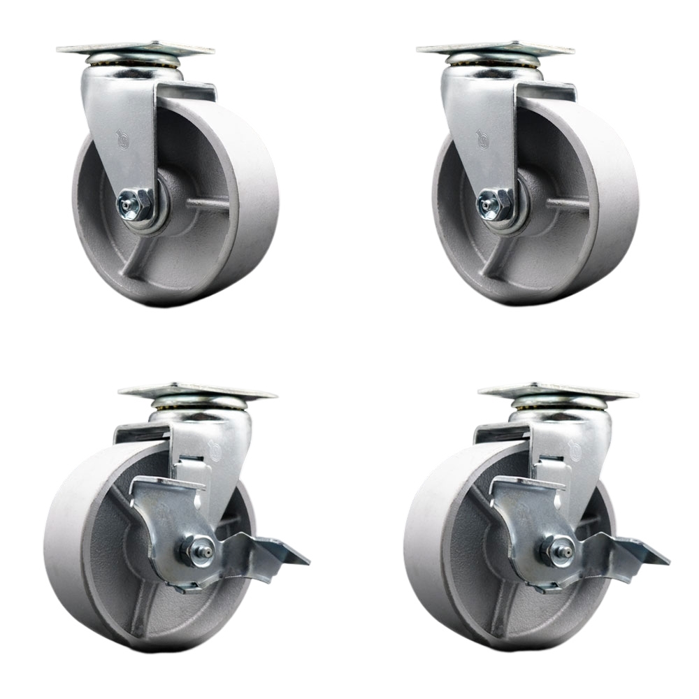 Tool Box Caster Wheel Set - 5 in. Flat Free, Easy Rolling Semi Steel Cast Iron Wheels - Industrial Grade - 2 Swivel with Top Lock Brakes