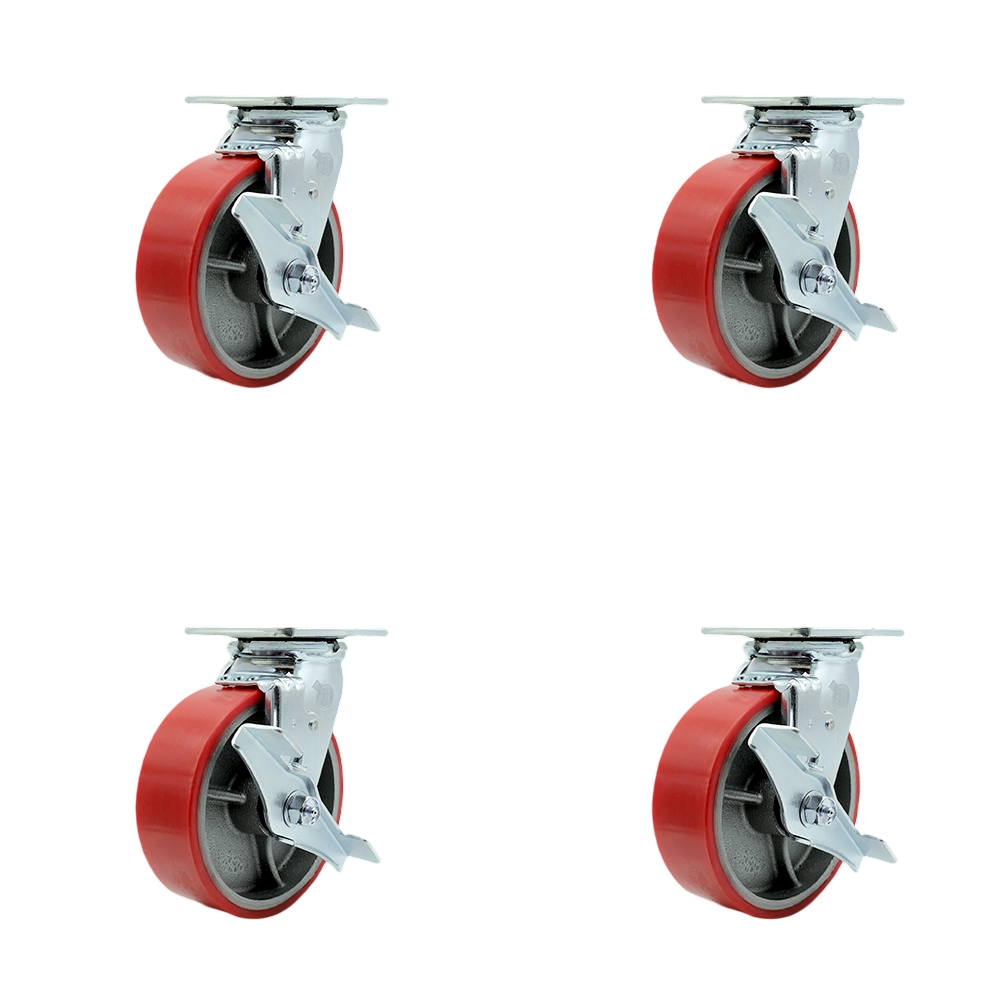 TOOL-SCC-30CS620-PUB-RS-TLB-4 Tool Box Caster Wheel Set - 6 in. Non-Marking, Maintenance Free Red Polyurethane on Cast Iron Wheels
