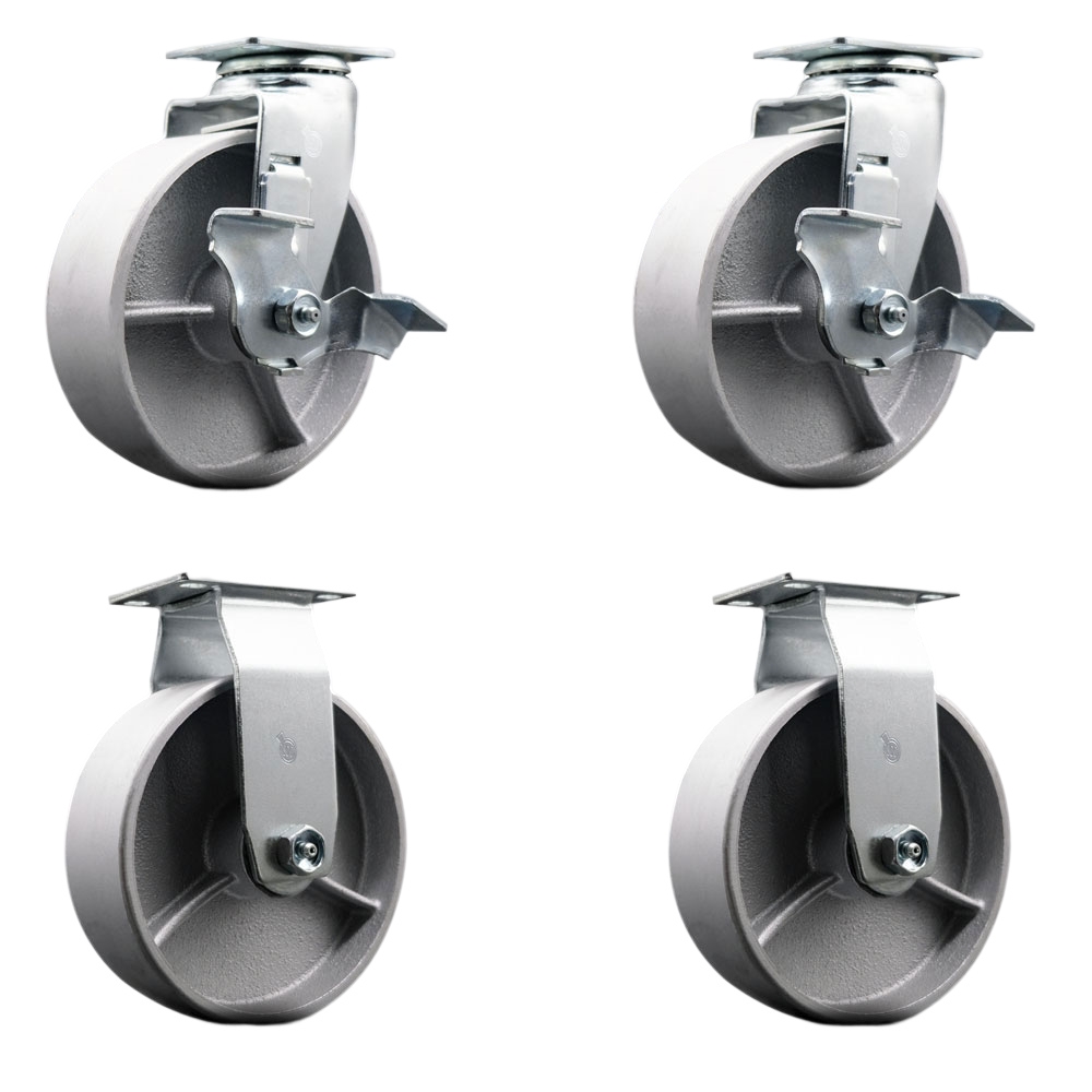 Tool Box Caster Wheel Set - 6 in. Flat Free, Easy Rolling Semi Steel Cast Iron Wheels - Industrial Grade - 2 Swivel with Top Lock Brakes