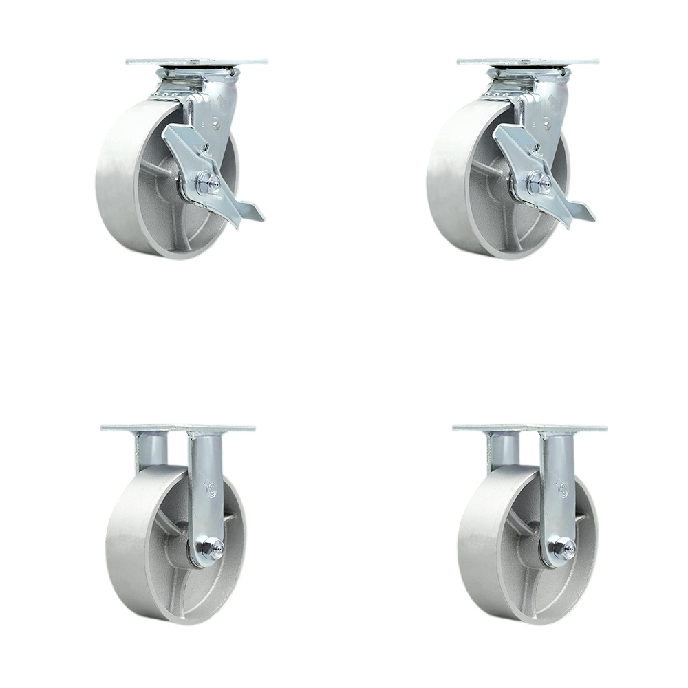 Tool Box Caster Wheel Set - 6 in. Flat Free, Zero Maintenance Semi Steel Cast Iron Wheels - Industrial Grade - 2 Swivel with Top Lock Brakes