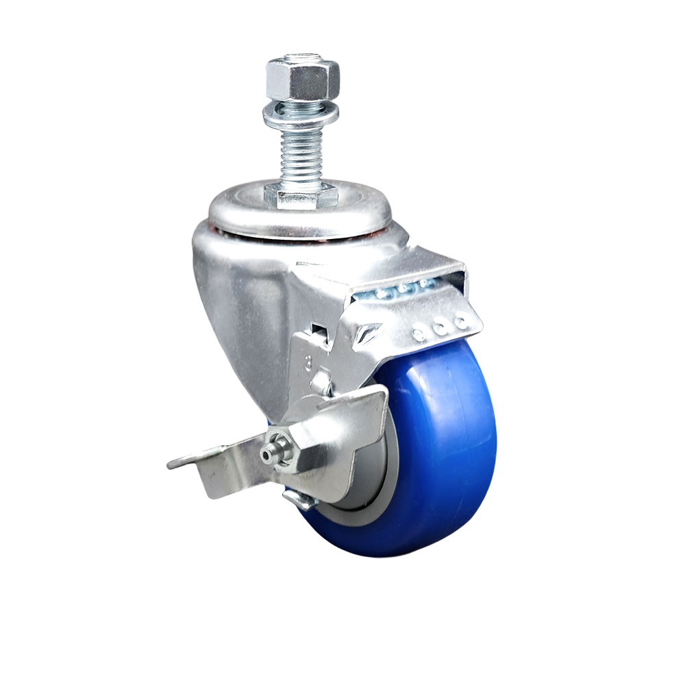 SCC-TS20S314-PPUB-BLUE-TLB-M1215 Polyurethane Swivel Threaded Stem Caster with 3 x 1.25 in. Blue Wheel & 12 mm Stem & Top Locking Brake