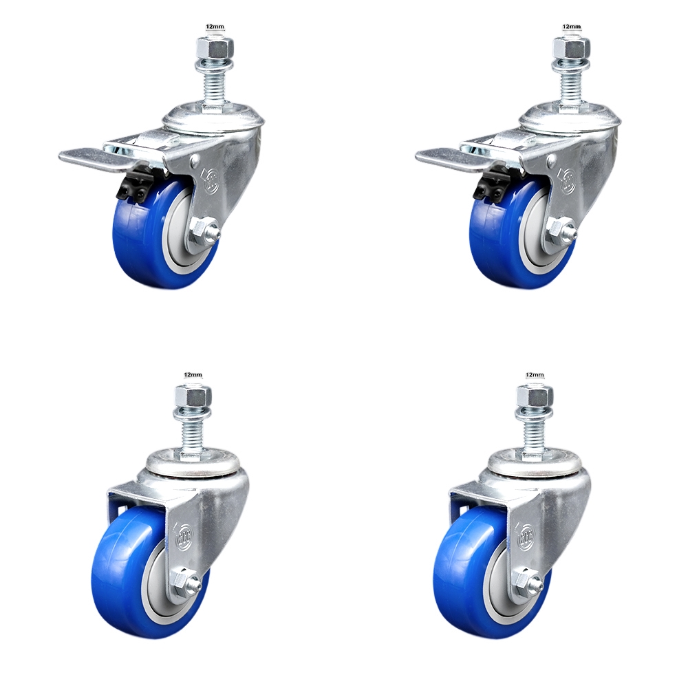 Stainless Steel Polyurethane Swivel Threaded Stem Caster with 3 x 1.25 in. Blue Wheels & 12 mm Stems - Set of 4