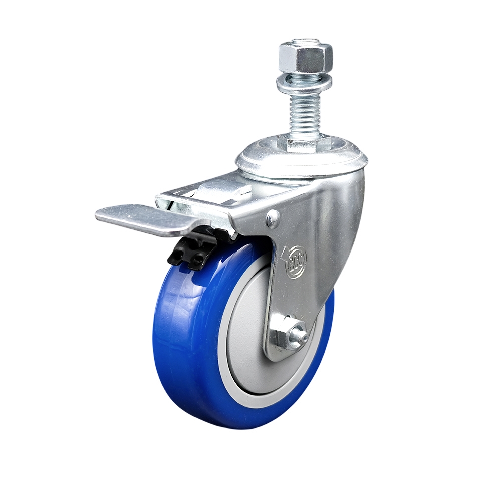 Stainless Steel Polyurethane Swivel Threaded Stem Caster with 4 x 1.25 in. Blue Wheel & 12 mm Stem & Total Locking Brake