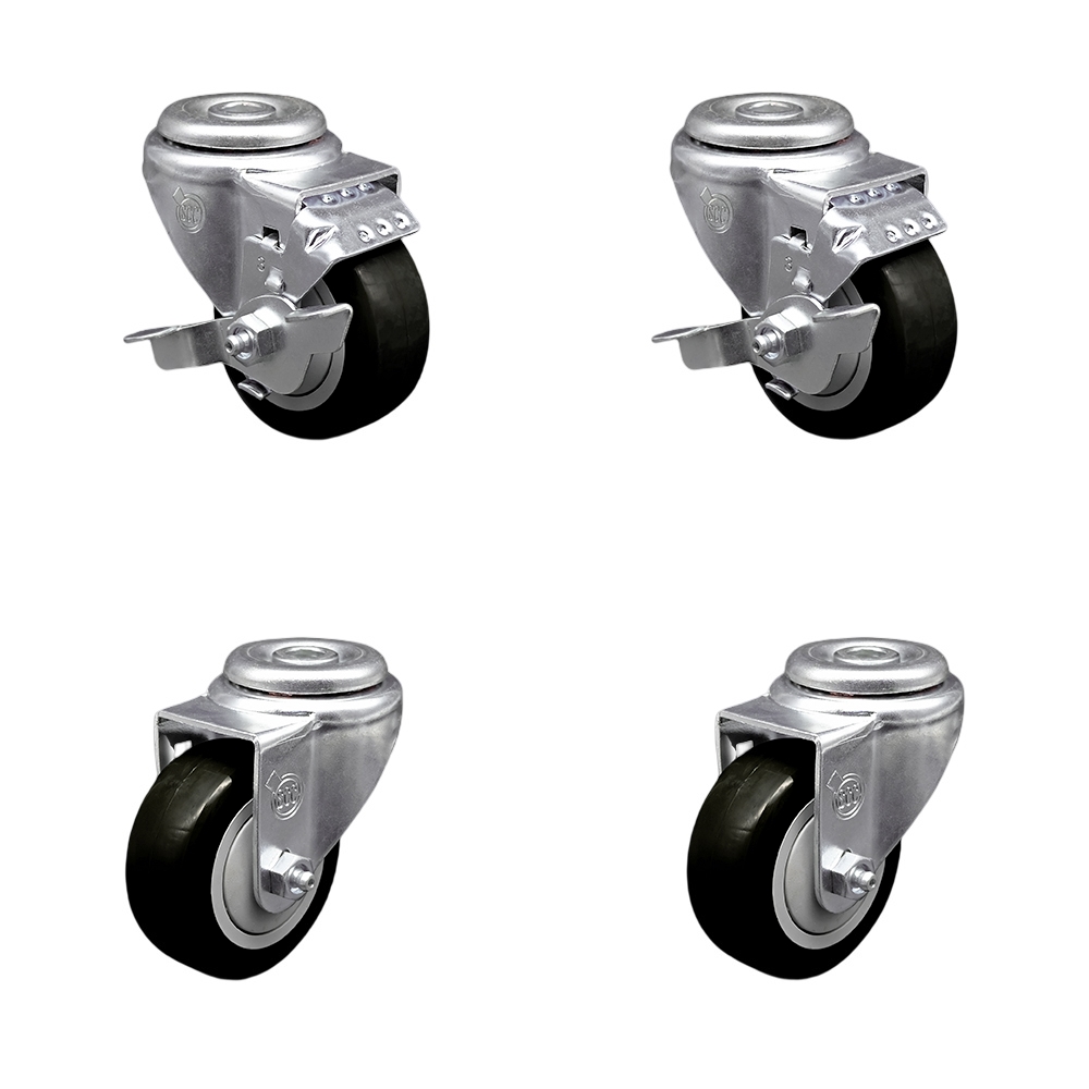 SCC-BH20S3514-PPUB-BLK-TLB-2-S-2 Polyurethane Swivel Bolt Hole Caster with 3.5 x 1.25 in. Black Wheels - Set of 4