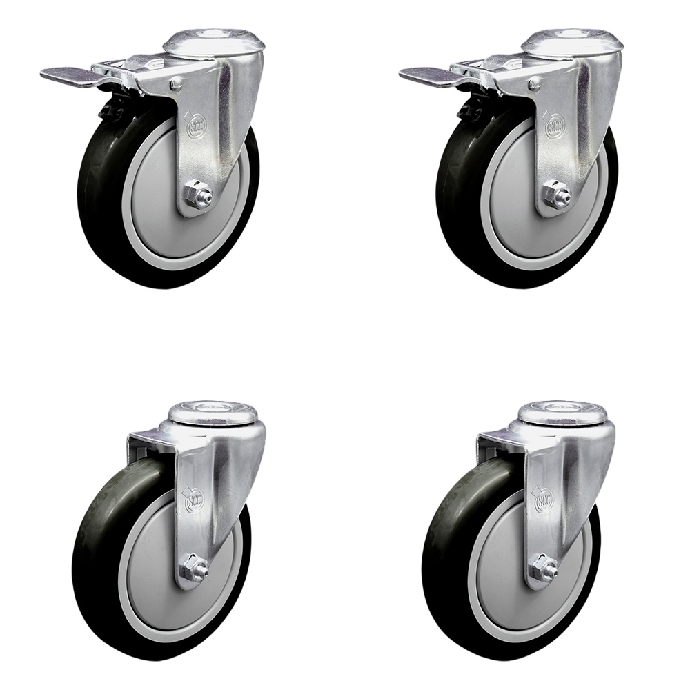 SCC-SSBHTTL20S514-PPUB-BLK-2-S-2 Stainless Steel Polyurethane Swivel Bolt Hole Caster with 5 x 1.25 in. Black Wheels - Set of 4