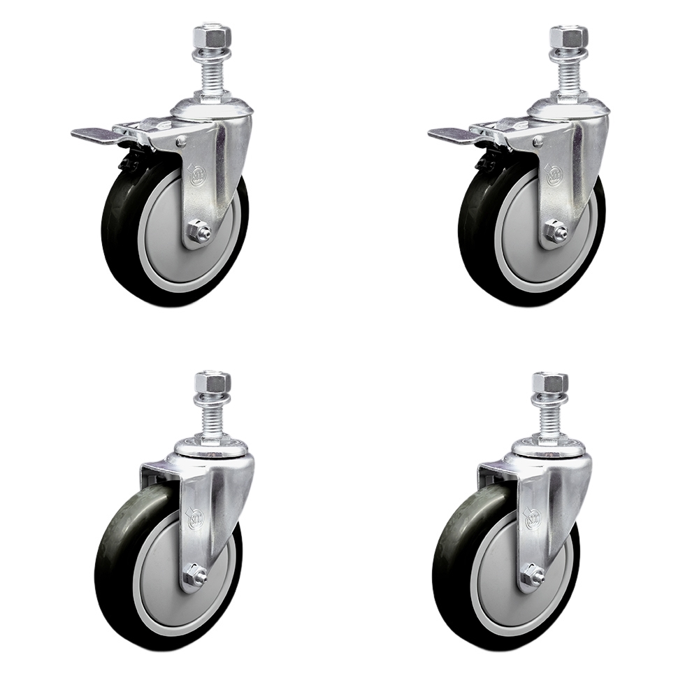 Stainless Steel Polyurethane Swivel Threaded Stem Caster with 5 x 1.25 in. Black Wheels & 0.5 in. Stems - Set of 4