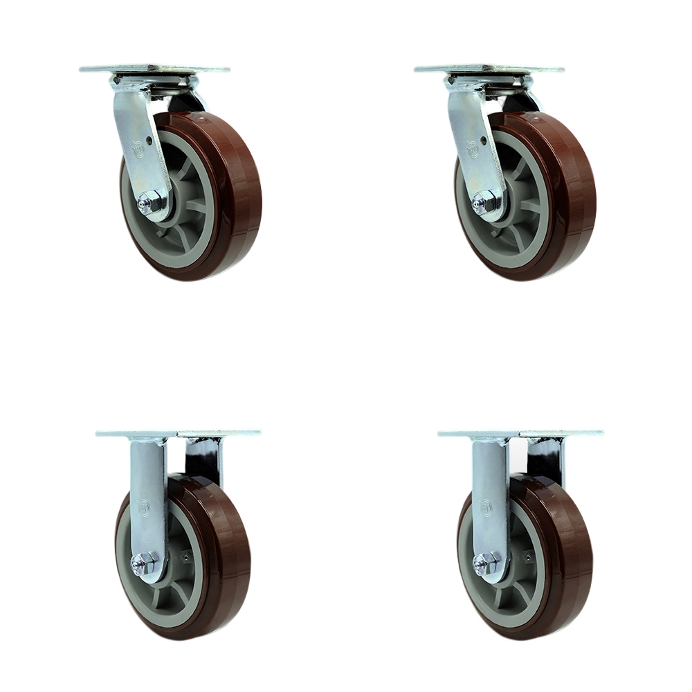 SCC-SS30S620-PPUR-2-R-2 Stainless Steel Polyurethane Swivel Top Plate Casters, Heavy Duty with 6 in. Wheels - 3600 lbs Total Capacity - Set of 4