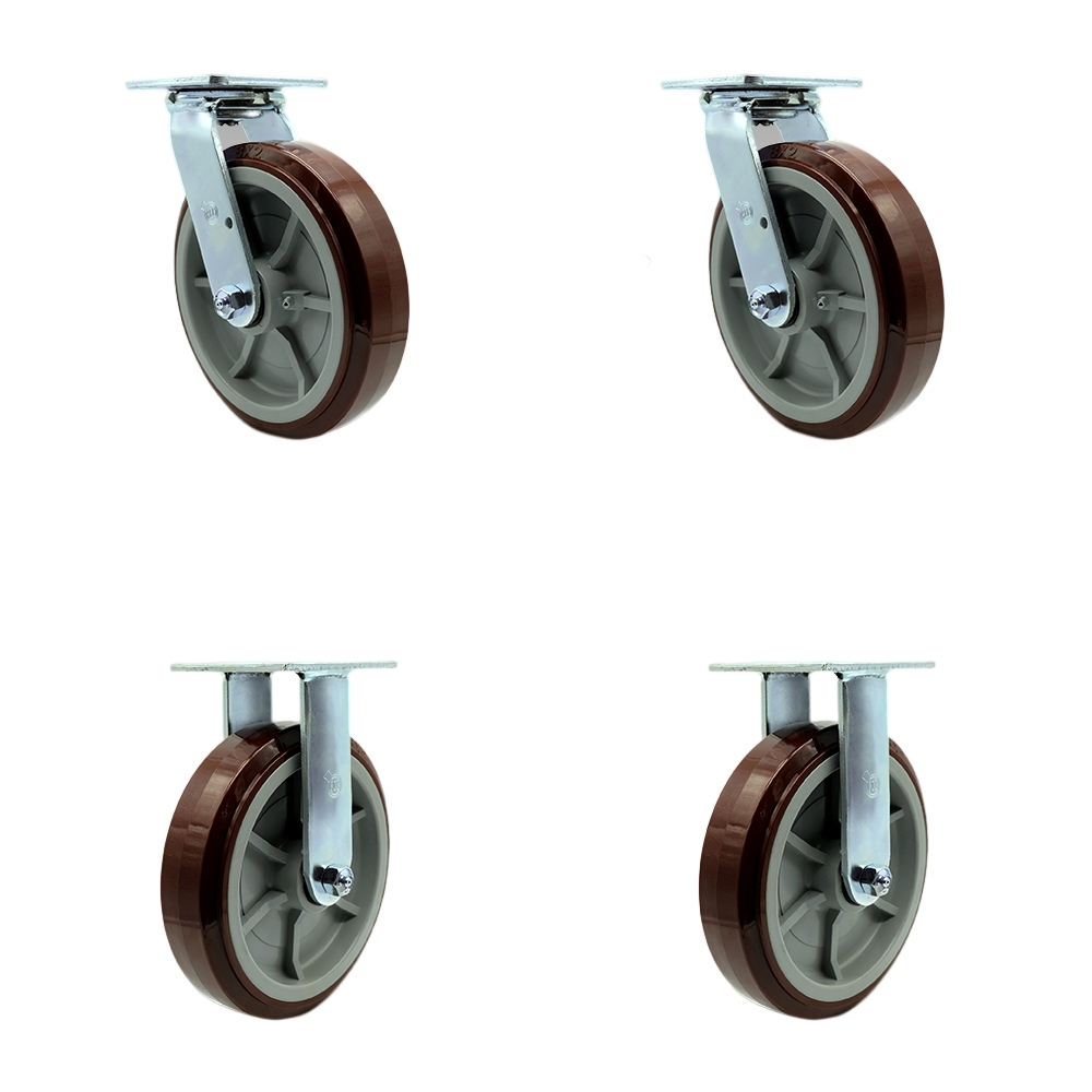 SCC-SS30S820-PPUR-BSL-2-R-2 Stainless Steel Polyurethane Swivel Top Plate Casters, Heavy Duty with 8 in. Wheels - Set of 4