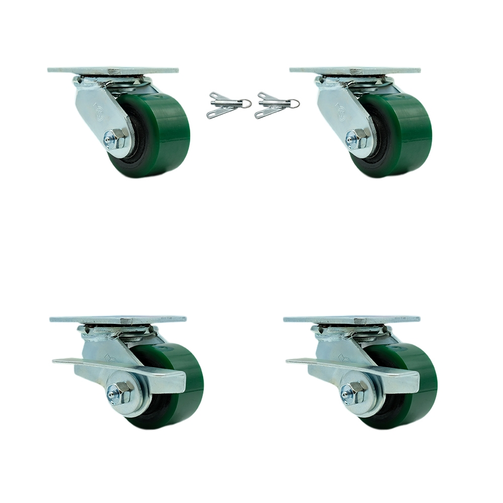 SCC-30CS3420-PUR-GB-BSL-2-SLB-2 Polyurethane on Cast Iron Swivel Top Plate Casters, Heavy Duty with 3.25 in. Green Wheels - Set of 4