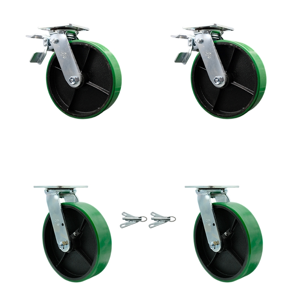 SCC-TTL30S820-PUR-GB-2-BSL-2 Polyurethane on Cast Iron Swivel Top Plate Casters, Heavy Duty with 8 in. Green Wheels - Set of 4