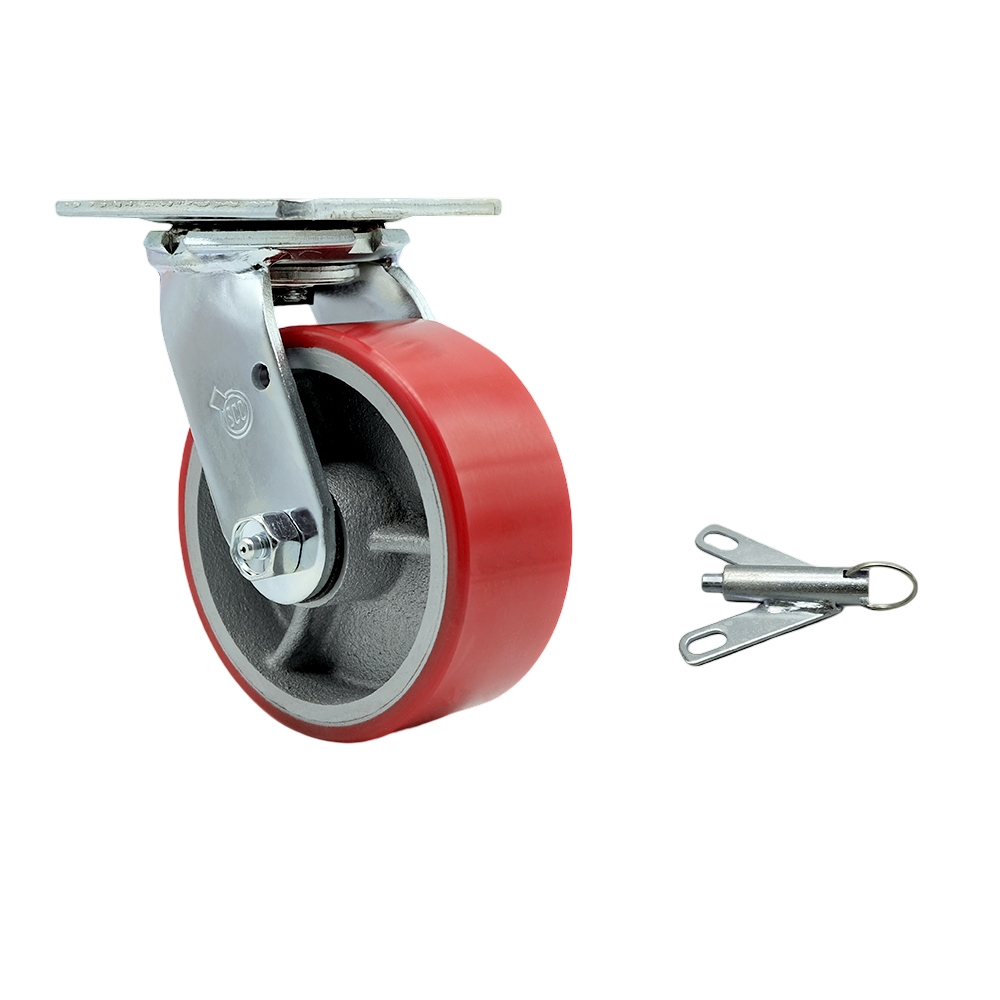 Polyurethane on Cast Iron Swivel Top Plate Heavy Duty Caster with 5 in. Red Wheel & Bolt on Swivel Lock - 1000 lbs Capacity per Caster