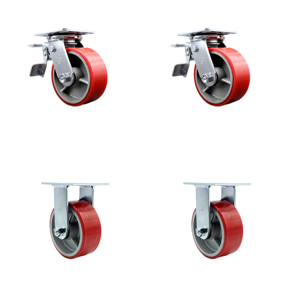 Polyurethane on Cast Iron Swivel Top Plate Casters, Heavy Duty with 5 in. Red Wheels - 4000 lbs Total Capacity - Set of 4