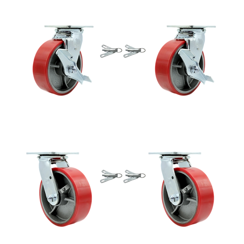 SCC-30CS620-PUR-RS-TLB-BSL-2-BSL-2 Poly on Cast Iron Swivel Top Plate Casters, Heavy Duty with 6 in. Red Wheels - Set of 4